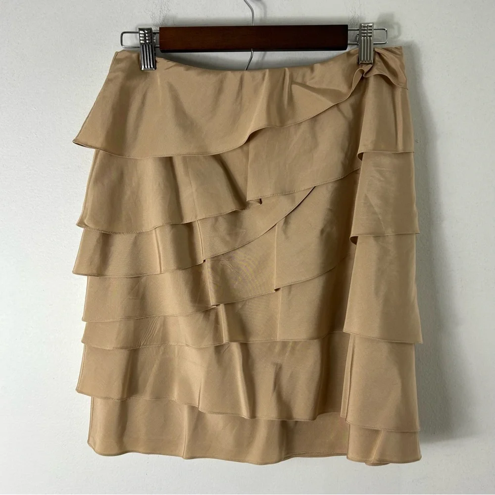 Ralph Lauren Black Label Silk Ruffle Skirt‎ Gold Beige Silk Lined Women’s 6 EUC